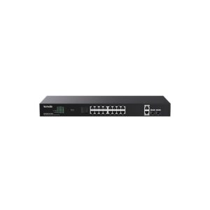 TENDA TEG1120P-16-250W 16 PORT 10/100/1000 POE 2 PORT UPLINK +2 SFP 250W YONETILEMEZ RACK MOUNT SWITCH     Network standards	IEEE 802.3 IEEE 802.3u IEEE 802.3ab IEEE 802.3x IEEE 802.3af IEEE 802.3at LED Indicator	Power Link/Act PoE MAX Interfaces	(18)1GE RJ45 ports (2)1GE SFP ports Transmission media	Recommended: CAT5/5e UTP or better Fan quantity	1 Dimension	440mm*178mm*44mm Level of protection	Port: 6 KV Power：6 KV Forwarding mode	Store-and-forward Switch capacity	40Gbps Packet forwarding rate	29.8Mpps Buffer	4Mb MAC address table	8K PoE budget	Single port: AF: 15.4W, AT: 30W Whole device: 230W Power consumption	250W Input voltage	100-240V AC，50 / 60Hz Mounting	Rack mounting : support Desktop mounting: support Wall mounting: support Environment	Operating Temperature: 0℃~45℃ Storage Temperature: -40℃~70℃ Operating Humidity: 10%~90% non-condensing Storage Humidity: 5%~90% non-condensing Certification	FCC, CE, RoHS Funtions	One-key to change network mode: 1.Standard: All ports can communicate with each other. It can be used as a common non-management PoE switch. 2.Priority: Ports 1 to 8 are high-priority ports, which greatly reduce packet loss and congestion when the network is congested. 3.Extend: The maximum transmission distance of the 9-16 ports of the switch can reach 250 meters, and all ports can communicate with each other. 4.VLAN: Ports 1 to 16 cannot communicate with each other, but can communicate with ports 17, 18, SFP1 (19), and SFP2 (20), which can be used to isolate broadcast storms and DHCP conflicts.
